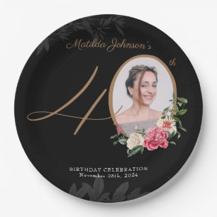 Assiettes En Carton 40e anniversaire Floral Black Gold Photo personnal