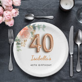 Assiettes En Carton 40e anniversaire floral rose or eucalyptus monogra