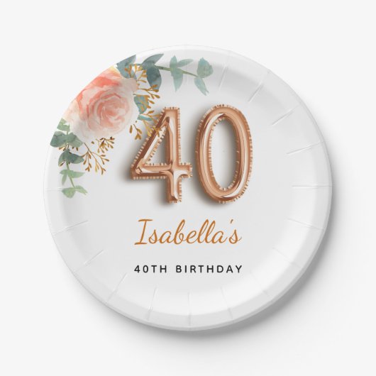 Assiettes En Carton 40e anniversaire floral rose or eucalyptus monogra (Devant)