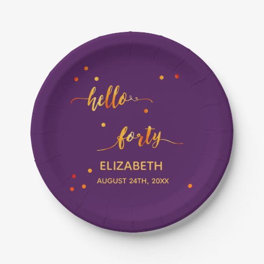 Assiettes En Carton 40e anniversaire violet or bonjour 40 nom script (Devant)