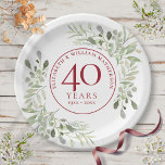 Assiettes En Carton 40ème anniversaire de Ruby Mariage Pays de la verd<br><div class="desc">Featuring delicate soft watercolour leaves,  this chic botanical 40th wedding anniversary design can design can be personalised with your special anniversary information in elegant ruby red text. Designed by Thisisnotme</div>