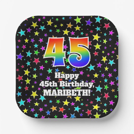 Assiettes En Carton 45e anniversaire : Fun Stars Motif et Rainbow "45" (Recto)