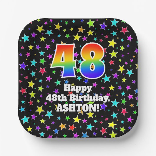 Assiettes En Carton 48th Birthday: Fun Stars Pattern and Rainbow “48” (Recto)
