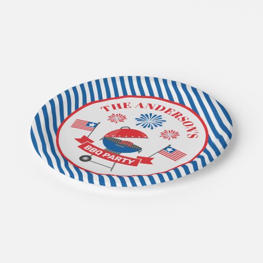 Assiettes En Carton 4 juillet Barbeque BBQ Party Navy rayée (Angle)