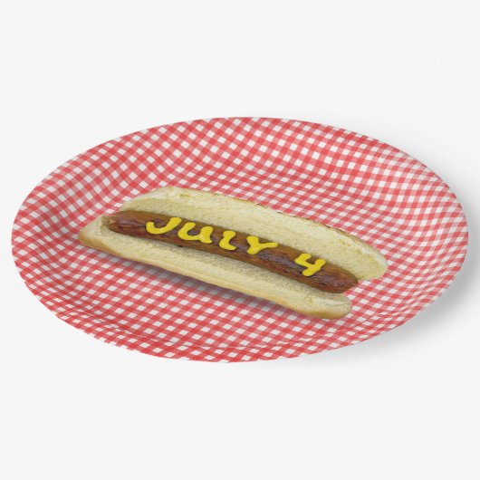 Assiettes En Carton 4 juillet Hot Dog sur En vichy (Angle)