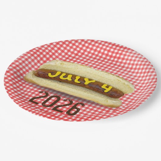 Assiettes En Carton 4 juillet Hot Dog sur En vichy serviettes (Angle)