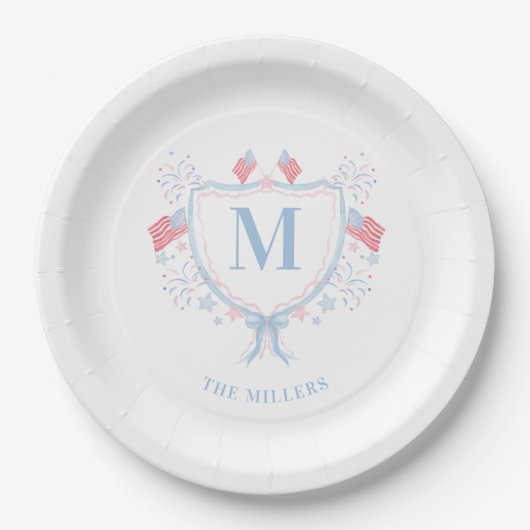Assiettes En Carton 4 juillet Monogramme rouge, blanc et bleu (Devant)