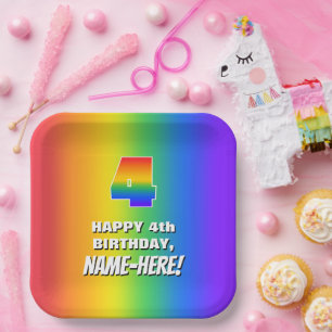 Assiettes En Carton 4e anniversaire : coloré, amusant Motif arc-en-cie