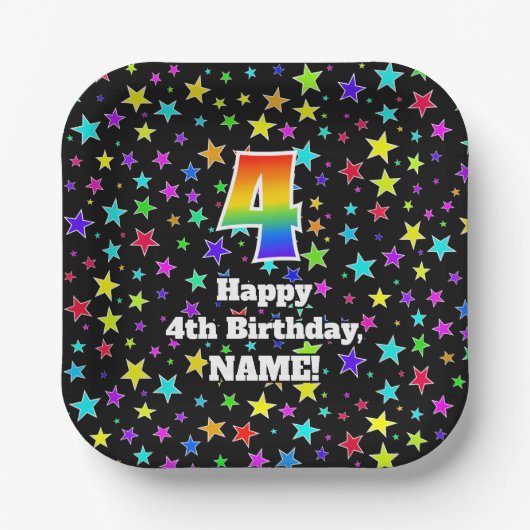 Assiettes En Carton 4e anniversaire : Fun Stars Motif et Rainbow "4" (Recto)