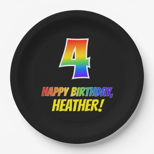 Assiettes En Carton 4e anniversaire : Gras, Amusant, Simple, Arc-en-ci (Devant)