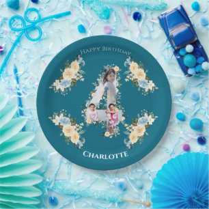 Assiettes En Carton 4e anniversaire Turquoise photo Collage bleu jaune