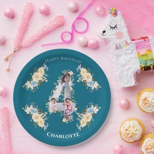 Assiettes En Carton 4e anniversaire Turquoise photo Collage bleu jaune (Fête)