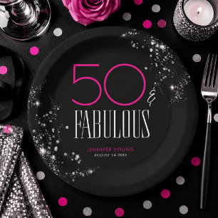 Assiettes En Carton 50 ans et Fabuleux Anniversaire Noir Rose Paillett