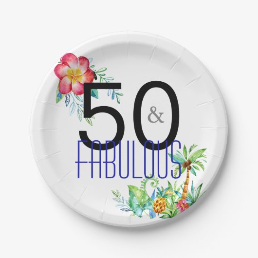 Assiettes En Carton 50 et cinquantième fête d'anniversaire tropicale (Devant)
