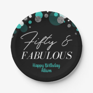 Assiettes En Carton 50 et Fablous Birthday Turquoise Siver Confetti  