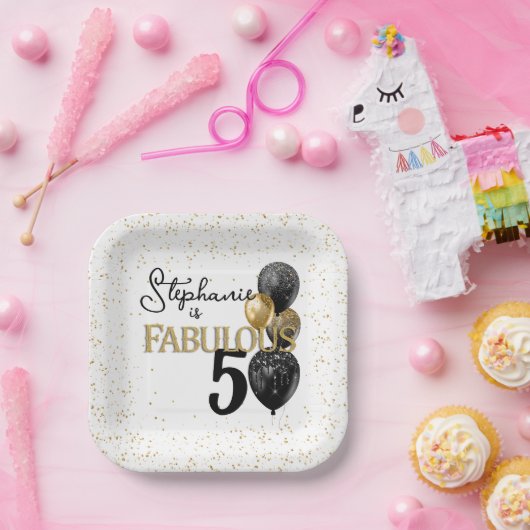 Assiettes En Carton 50 & Fabulous Black Gold Glam Carré plaque papier (Fête)