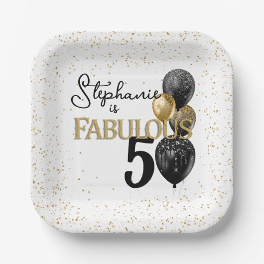 Assiettes En Carton 50 & Fabulous Black Gold Glam Carré plaque papier (Recto)