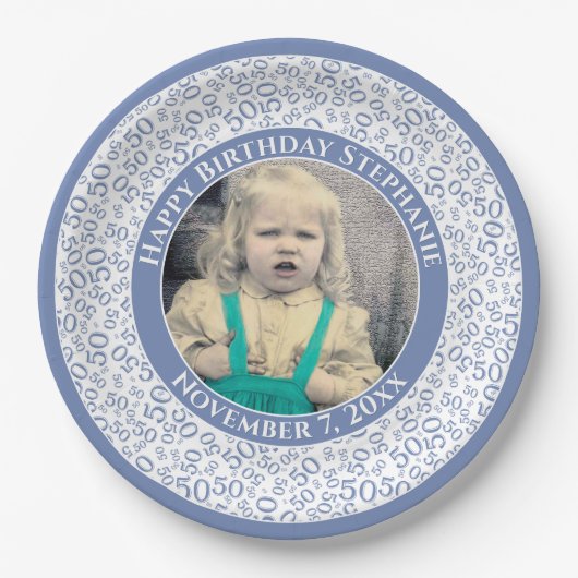 Assiettes En Carton 50 Votre photo Numéro Aléatoire Motif Bleu/Blanc (Devant)