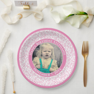 Assiettes En Carton 50 Votre photo Numéro Aléatoire Motif Rose/Blanc
