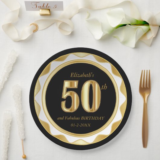 Assiettes En Carton 50e anniversaire / Anniversaire - Noir & Or (Mariage)