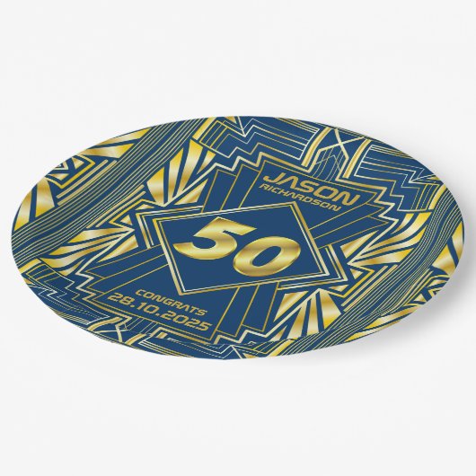 Assiettes En Carton 50e anniversaire Art Déco Gold Blue Gatsby (Angle)