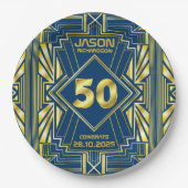 Assiettes En Carton 50e anniversaire Art Déco Gold Blue Gatsby (Devant)