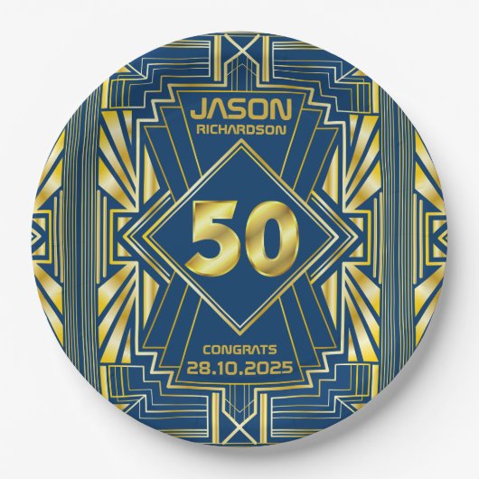 Assiettes En Carton 50e anniversaire Art Déco Gold Blue Gatsby (Devant)