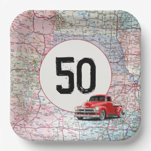 Assiettes En Carton 50e anniversaire Camion rouge Retro sur la carte r