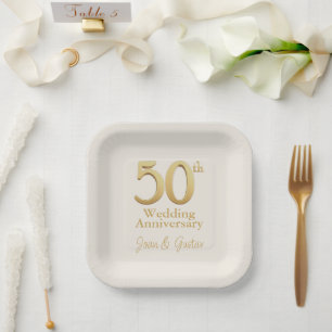 Assiettes En Carton 50e anniversaire de Mariage Champagne Blanc et or