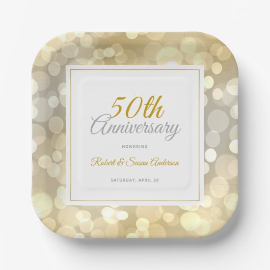 Assiettes En Carton 50e anniversaire de Mariage Elegant Gold Bokeh (Recto)