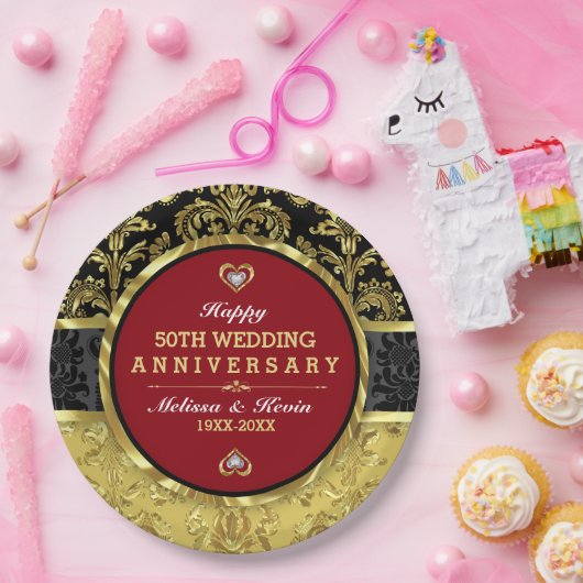 Assiettes En Carton 50e anniversaire de mariage rouge or et noir (Fête)