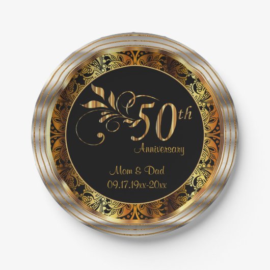 Assiettes En Carton 50e anniversaire du Mariage Black & Gold (Devant)