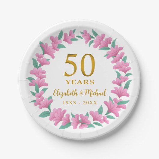Assiettes En Carton 50e anniversaire du Mariage couronne rose or (Devant)