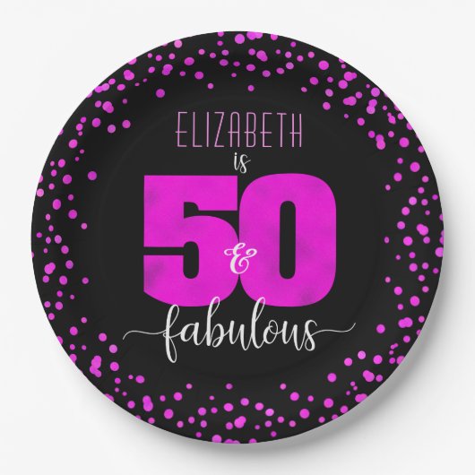 Assiettes En Carton 50e anniversaire fabuleux points en feuille rose c (Devant)