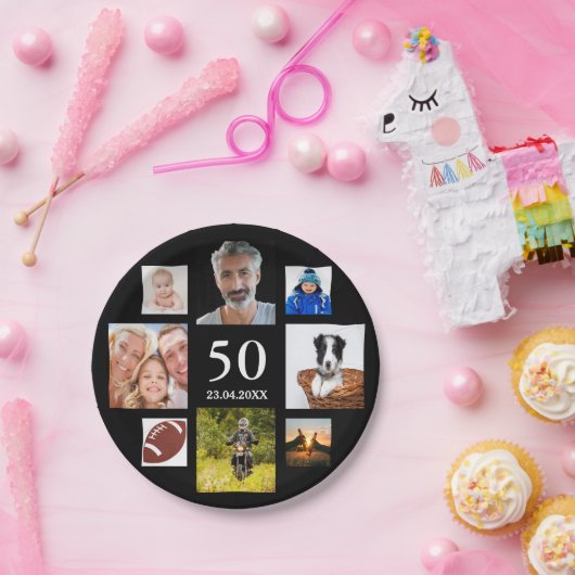 Assiettes En Carton 50e anniversaire fête photo collage mec noir (Fête)