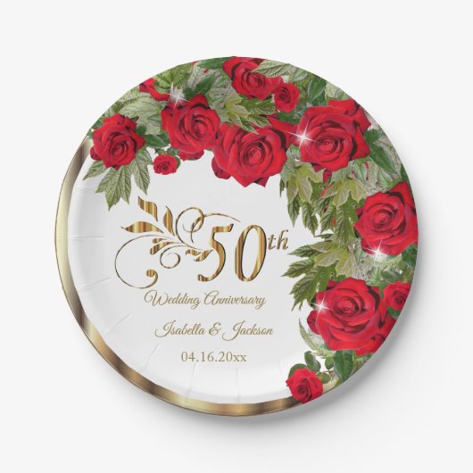 Assiettes En Carton 50e anniversaire - Fleurs de rose rouge (Devant)