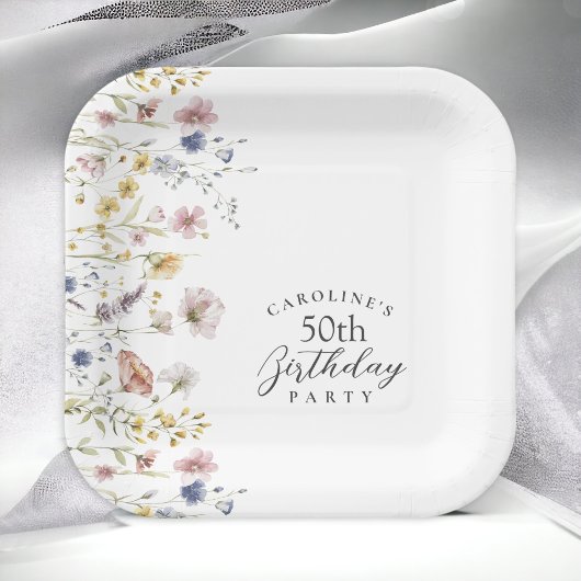 Assiettes En Carton 50e anniversaire Fleurs sauvages de fête aquarelle