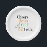 Assiettes En Carton 50e anniversaire Golf Cheers Bières Party<br><div class="desc">C'est un cool et moderne, 50ème anniversaire, design de partie de golf. Il s'agit d'un design simple et minimal, en noir et blanc classique avec des pops de typographie orange, verte et dorée. Parfait pour un cool et amusant, golf et bière à thème, fête du 50e anniversaire. Cette conception est...</div>