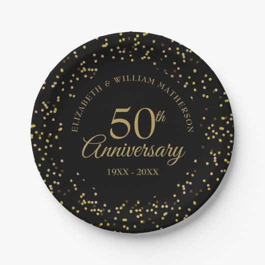 Assiettes En Carton 50e anniversaire Mariage Black Gold Dust Confetti (Devant)