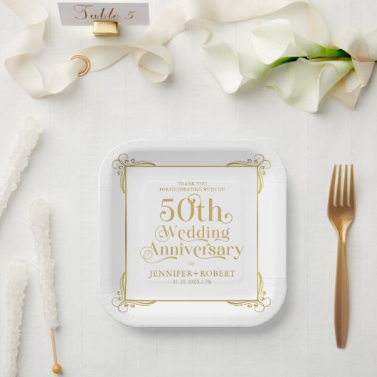 Assiettes En Carton 50e anniversaire Mariage cadre de typographie or (Mariage)