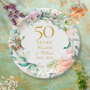 Assiettes En Carton 50e anniversaire Mariage d'or Garland Rose