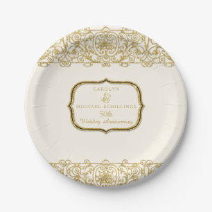 Assiettes En Carton 50e anniversaire Mariage Gold Cream Art Nouveau