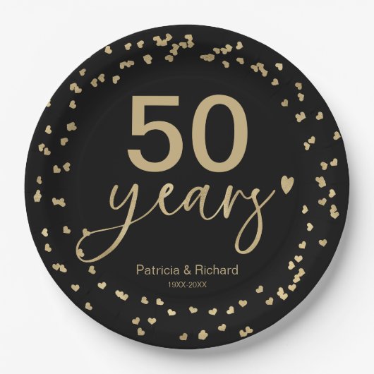 Assiettes En Carton 50e Anniversaire Mariage Noir et Or (Devant)
