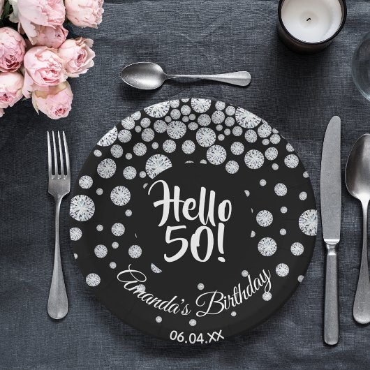 Assiettes En Carton 50e anniversaire noir diamants blancs nom