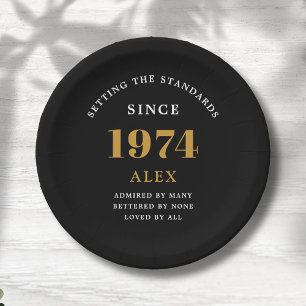 Assiettes En Carton 50e anniversaire Nom 1974 Black Gold Elegant Chic