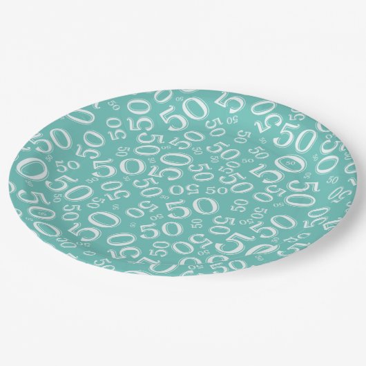 Assiettes En Carton 50e anniversaire Numéro Motif Turquoise/blanc (Angle)