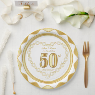 Assiettes En Carton 50e anniversaire - Or et blanc