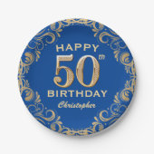 Assiettes En Carton 50e anniversaire Parties scintillant bleue et or c (Devant)