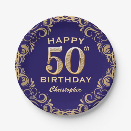 Assiettes En Carton 50e anniversaire Parties scintillant marine bleu e (Devant)