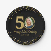 Assiettes En Carton 50e anniversaire Photo Chic Black Gold Parties sci (Devant)